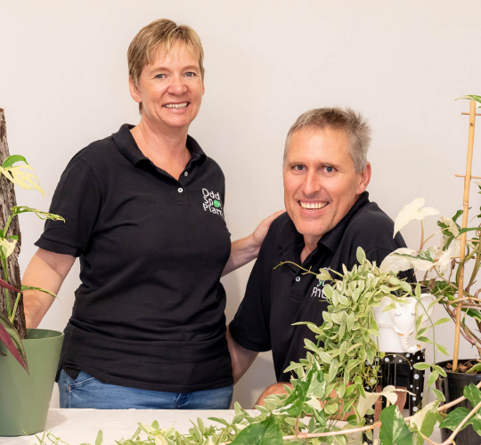 A picture featuring a man and woman standing about plants.